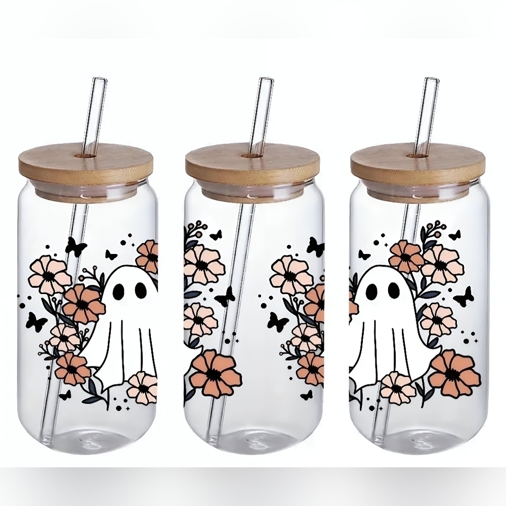 NEW! Halloween Ghost, with fall Flowers 16oz Glass Tumbler